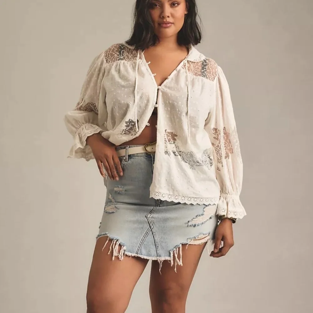 Anthropologie White Eyelet Lace Button-Front Blouse